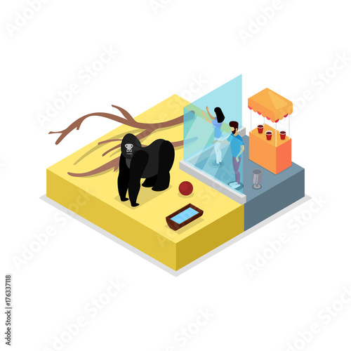 Cage with gorilla isometric 3D icon. Public zoo with wild animals and people landscape, zoo infrastructure element for design vector illustration.