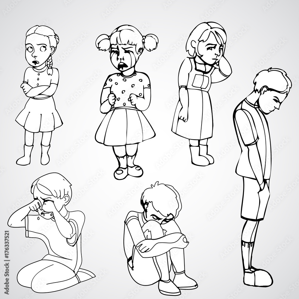 Sad children, kids. Boys and girls. Vector outlined illustration. White image, gray background. Sad children, kids. Boys and girls. Vector outlined illustration. White image, gray background.