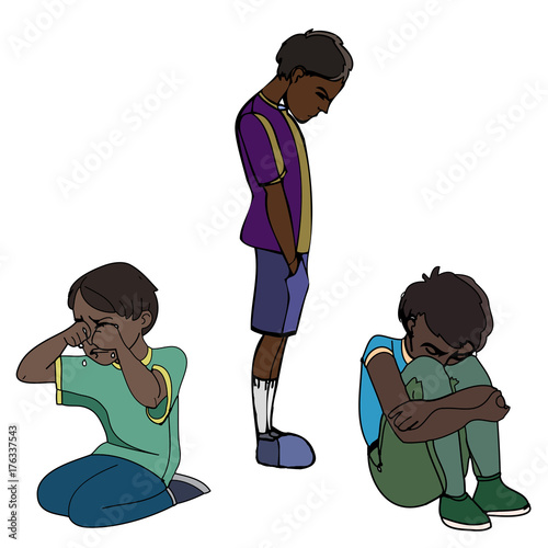 Sad dark skinned children, kids. Boys. Vector outlined illustration. Colored image, white background.