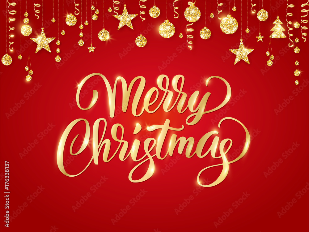 Merry Christmas hand written lettering. Golden glitter border, garland with hanging balls and ribbons. Merry Christmas hand written lettering. Golden glitter border, garland with hanging balls and ribbons.