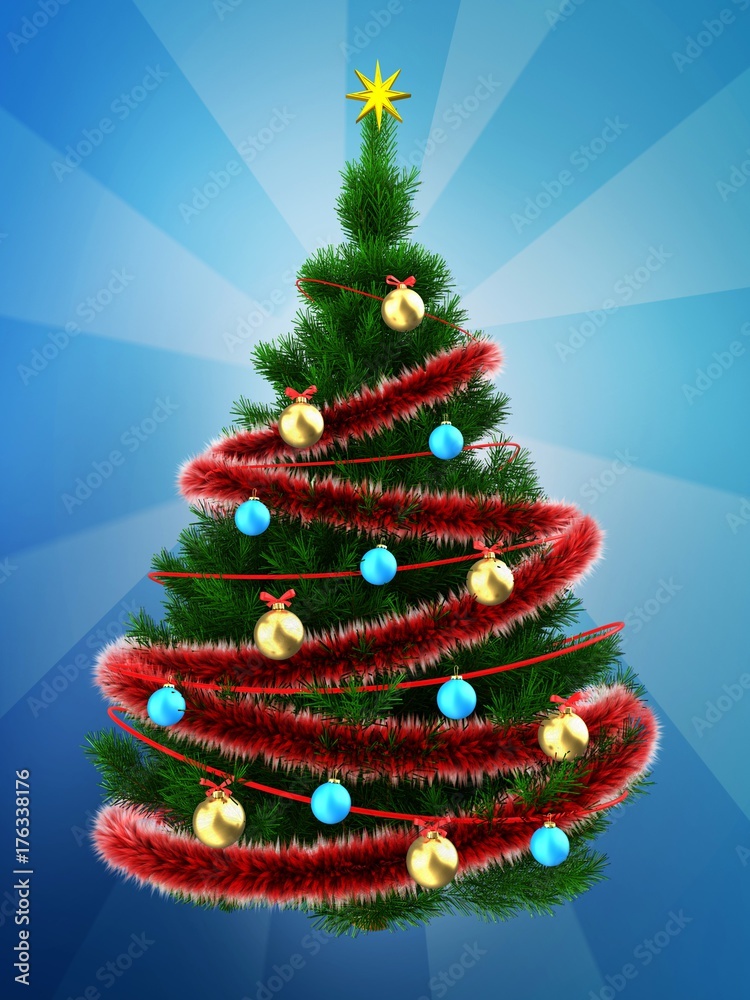 3d dark green Christmas tree over blue 3d dark green Christmas tree over blue