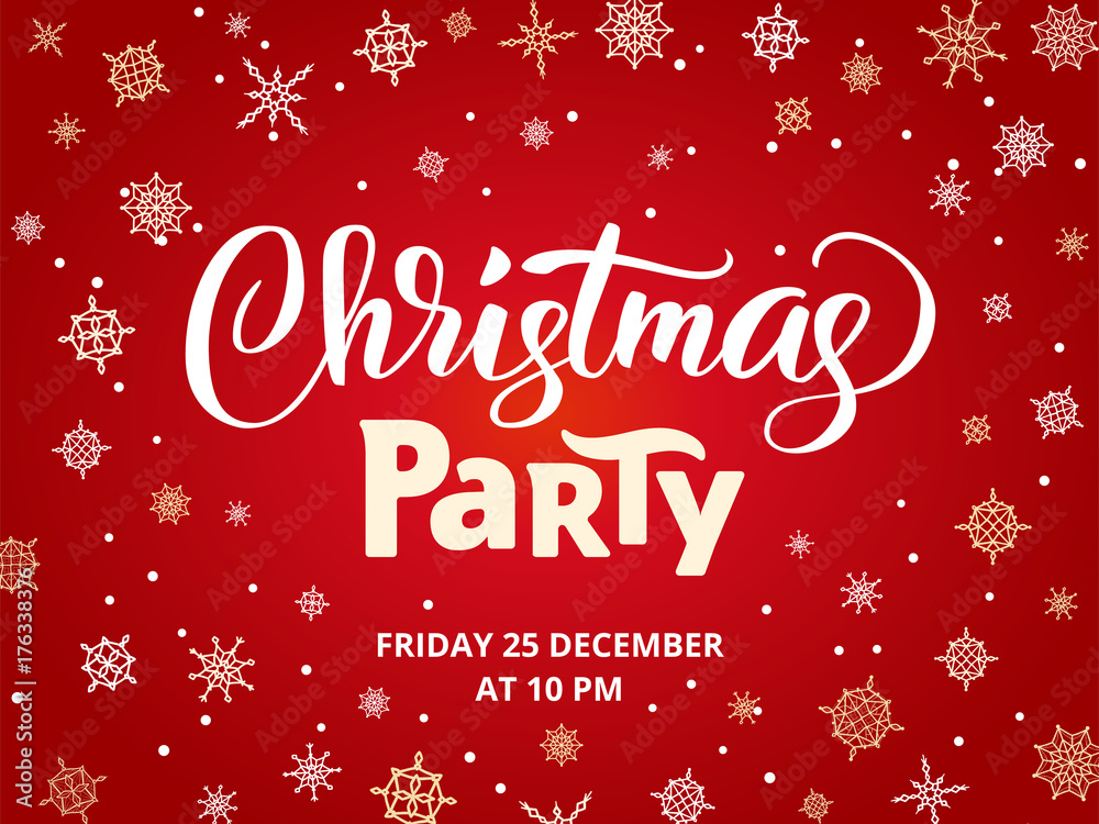 Fototapeta Christmas party poster template, vector illustration. Hand written lettering, typography. Background with falling snowflakes