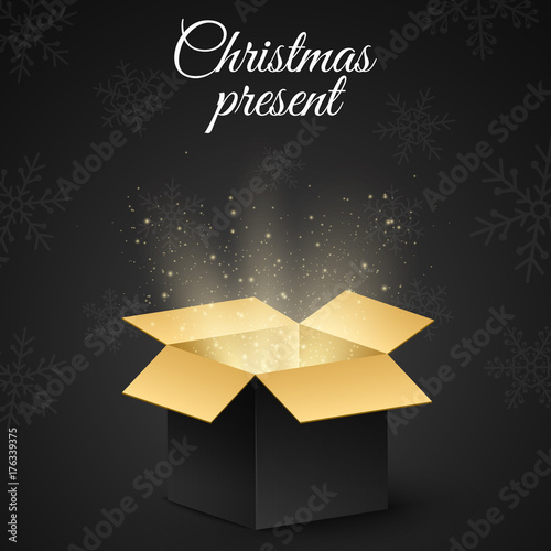 Christmas golden box with a secret gift for the holiday. Abstract glow and golden lights. Dark background. New Year's snowflakes. Open magic gift box. Vector