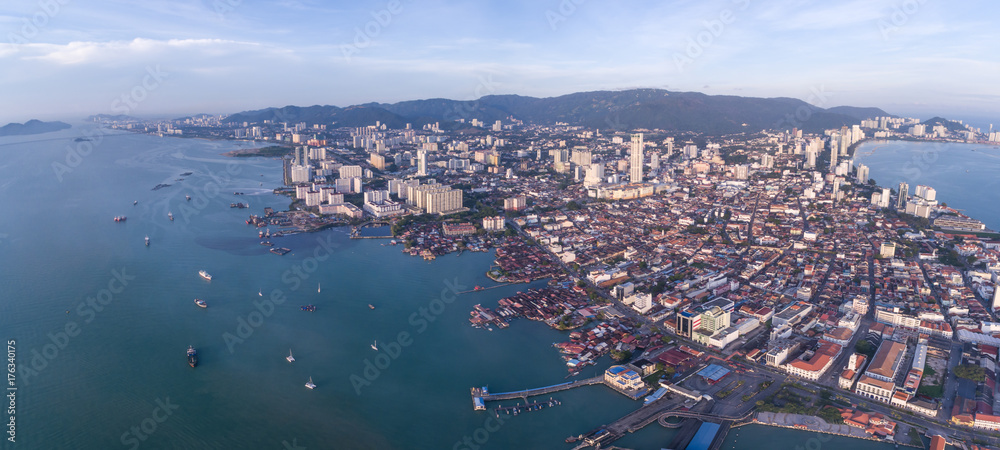Historical City of Georgetown in Penang, Malaysia, Aerial Panorama Shot