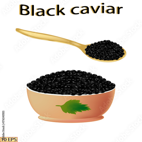 Black caviar. Bowl with sturgeon caviar isolated on white background.  Vector illustration.