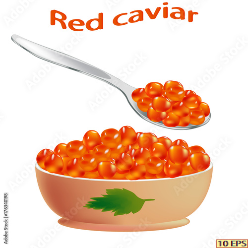 Red caviar close-up.  Salmon caviar. Sandwich with red caviar isolated on white background.  Vector illustration.