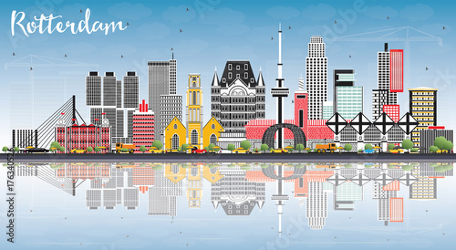 Rotterdam Netherlands Skyline with Gray Buildings, Blue Sky and Reflections.