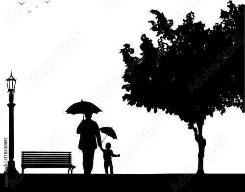 Grandmother walking with her grandson under the umbrellas in the park, one in the series of similar images silhouette