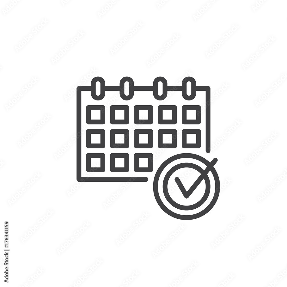 Calendar check mark line icon, outline vector sign, linear style pictogram isolated on white. Date, event symbol, logo illustration. Editable stroke Calendar check mark line icon, outline vector sign, linear style pictogram isolated on white. Date, event symbol, logo illustration. Editable stroke