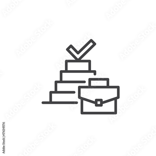 Promotion with pyramid and briefcase line icon, outline vector sign, linear style pictogram isolated on white. Success symbol, logo illustration. Editable stroke