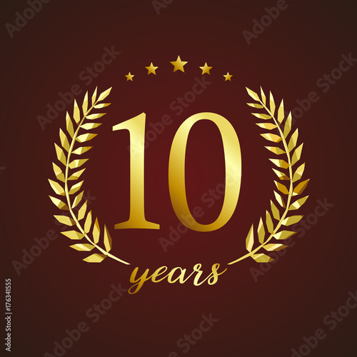 10 years old luxurious logotype. Congratulating 10th, 1st numbers in circle of palms, cup template. Isolated sign greetings symbol, celebrating traditional stained-glass decorative retro style ear.