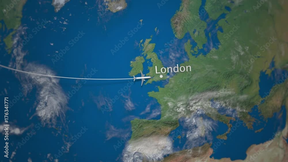 Route of commercial airplane flying from New York to London on the Earth globe. International trip intro animation
