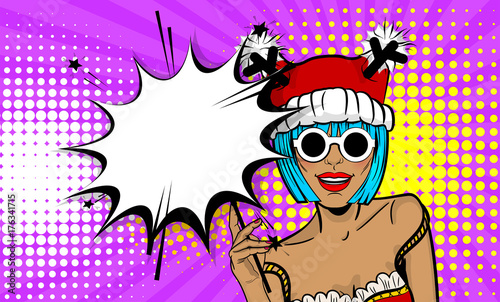 Dare girl in red dress hold hand bengal fire, sparkler empty comic text speech bubble. Marry Christmas young beautiful smiling pop art woman pompom deer hat. Vector illustration popart wow face.