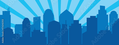 Foto Blue sunrise and modern silhouette city in Pop art style