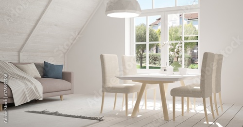 Idea of white kitchen with summer landscape in window. Scandinavian interior design. 3D illustration