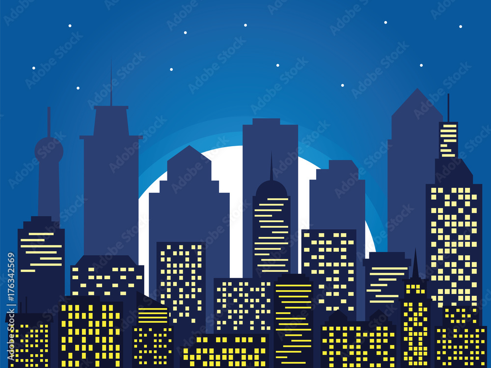 Night silhouette of the city and full moon with stars, cartoon style
