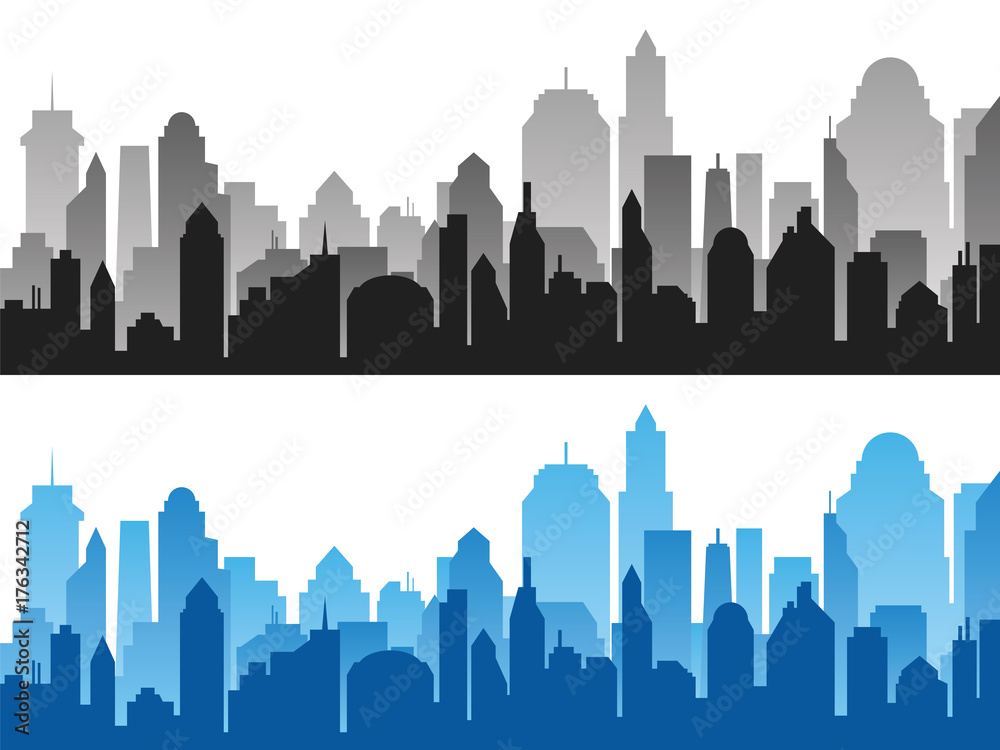 Set of black and blue horizontal cityscape backgrounds
