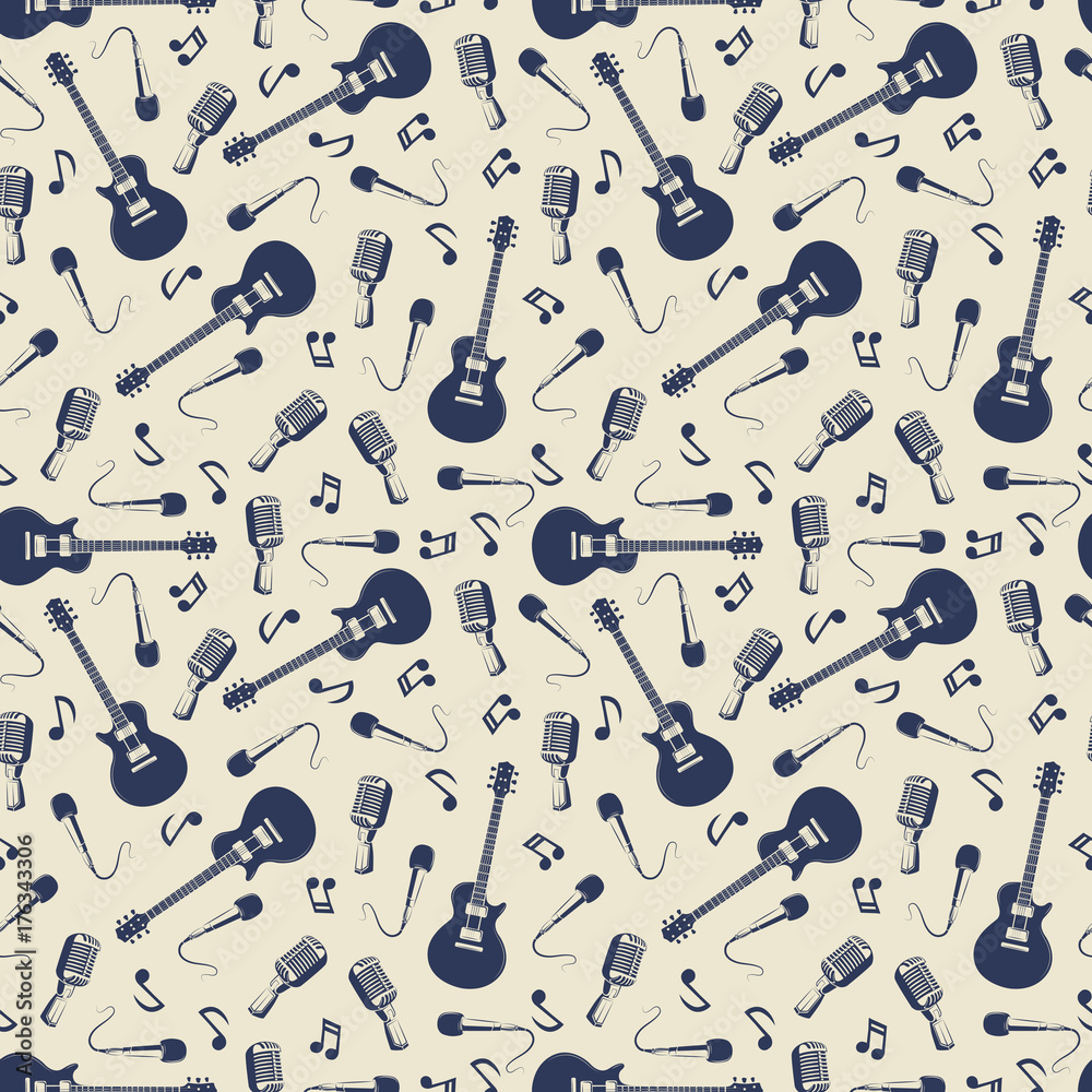 Vintage musical seamless pattern with guitars, microphones