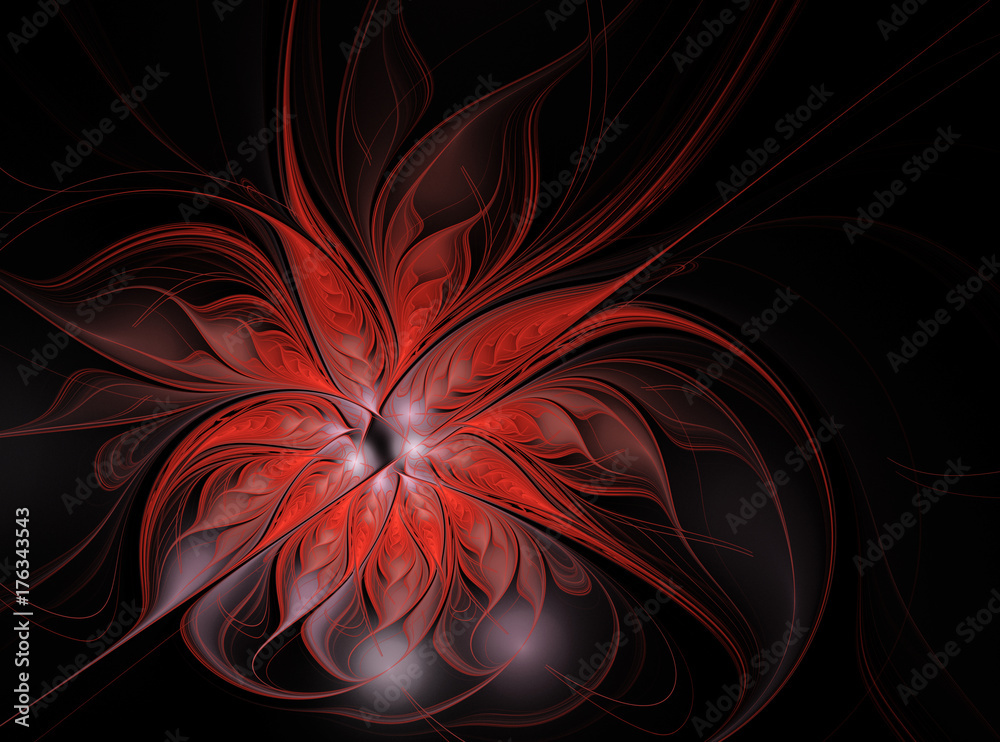 Fototapeta premium Streszczenie czerwony kwiat na czarnym tle. Fraktal