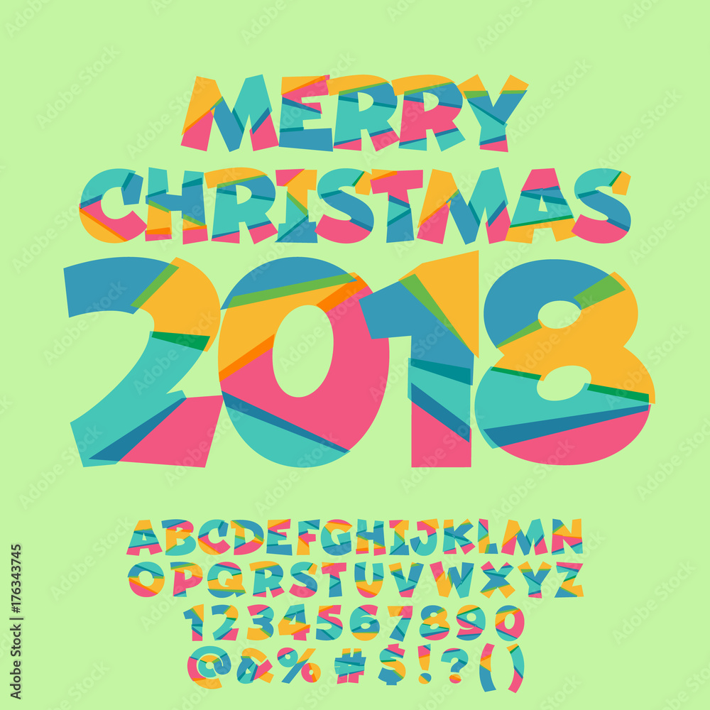 Vector Merry Christmas 2018 Greeting Card for Kids. Funny Alphabet Letters, Numbers, Symbols.