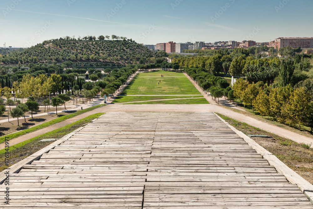 Gardens and meadows of the linear park of the Manzanares in Madrid