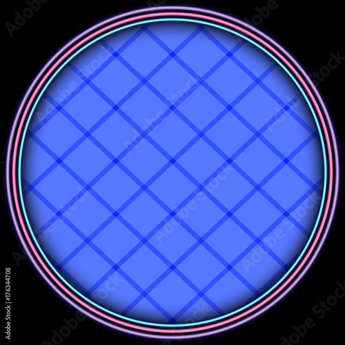 poster circle blue squares chess. banner round neon outline contour. abstract black background pattern. blue grunge texture. halftone effect. vector illustration