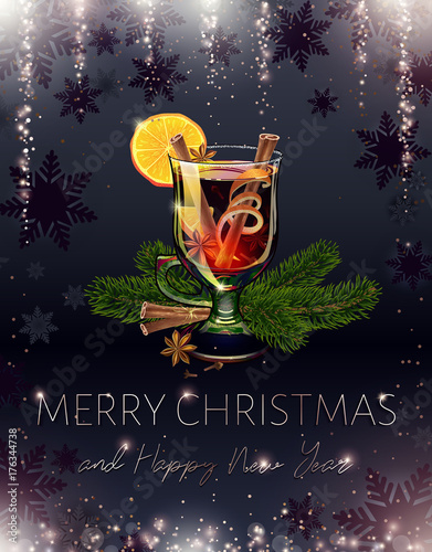 Mulled wine. Black Merry Christmas and happy new year postcard. Holiday alcoholic cocktail. Realistic illustration. Xmas banner. Falling sequins and sparkle. Sparkly rain. Proportional to A6. Vector.