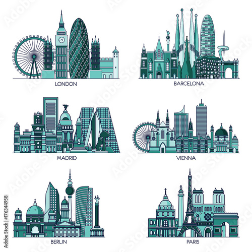 Skyline detailed silhouette set (Paris, London, Barcelona, Madrid, Vienna, Berlin ). Vector illustration