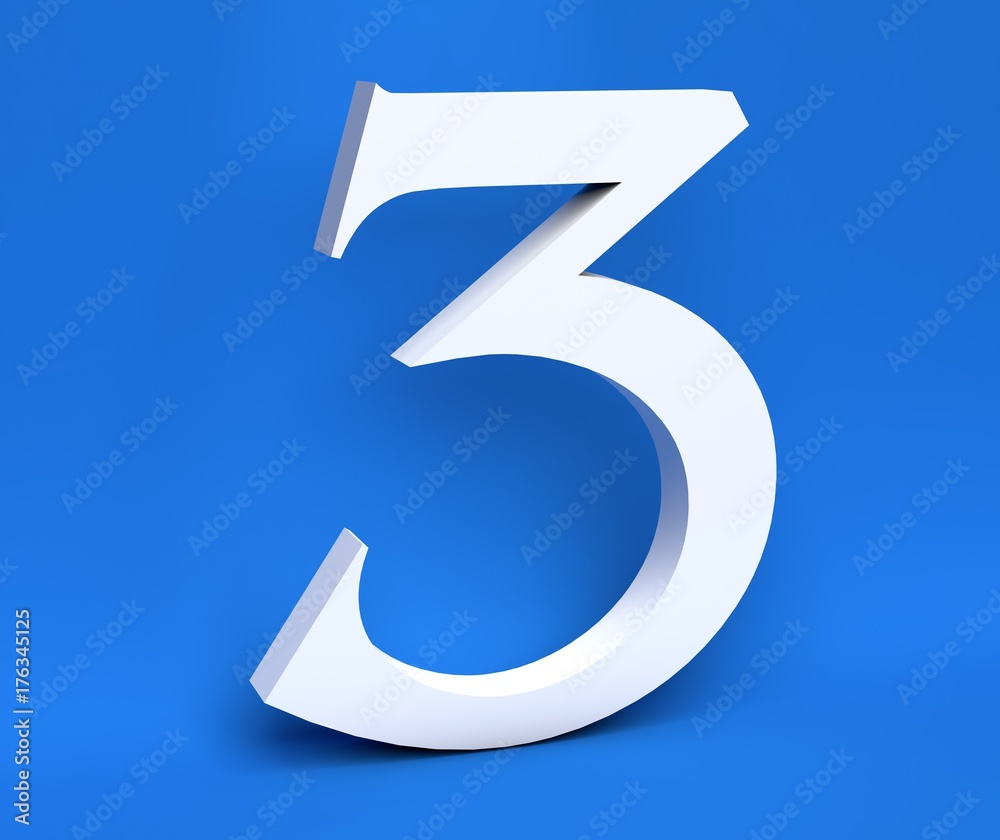 White number 3 (Three) on a blue background. 3D Render White number 3 (Three) on a blue background. 3D Render
