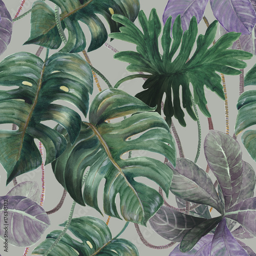 Wallpaper Mural Watercolor seamless tropical pattern with exotic plants. Palm and deliciosa leaves. Jungle. Torontodigital.ca