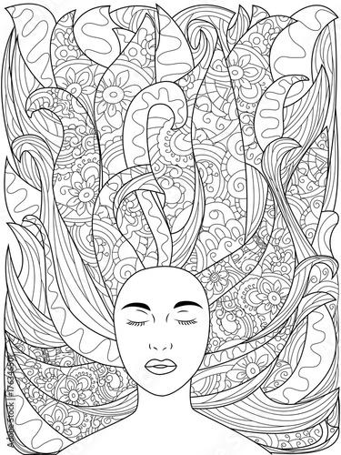 Beautiful sketch girl with long hair coloring raster for adults