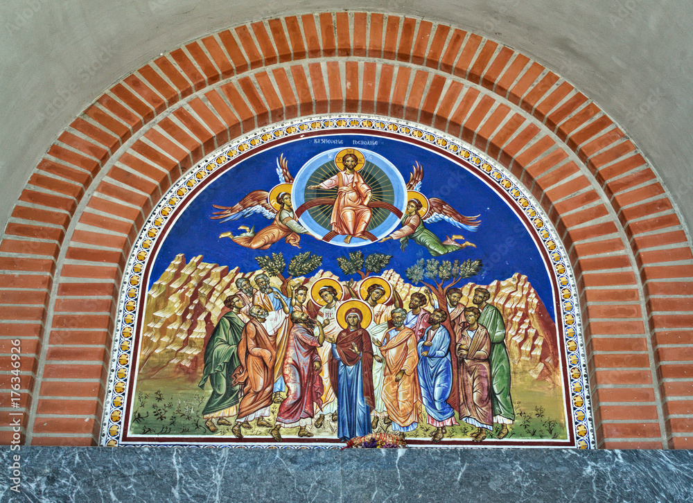 Iconography on entrance to orthodox church in Novi Sad, Serbia