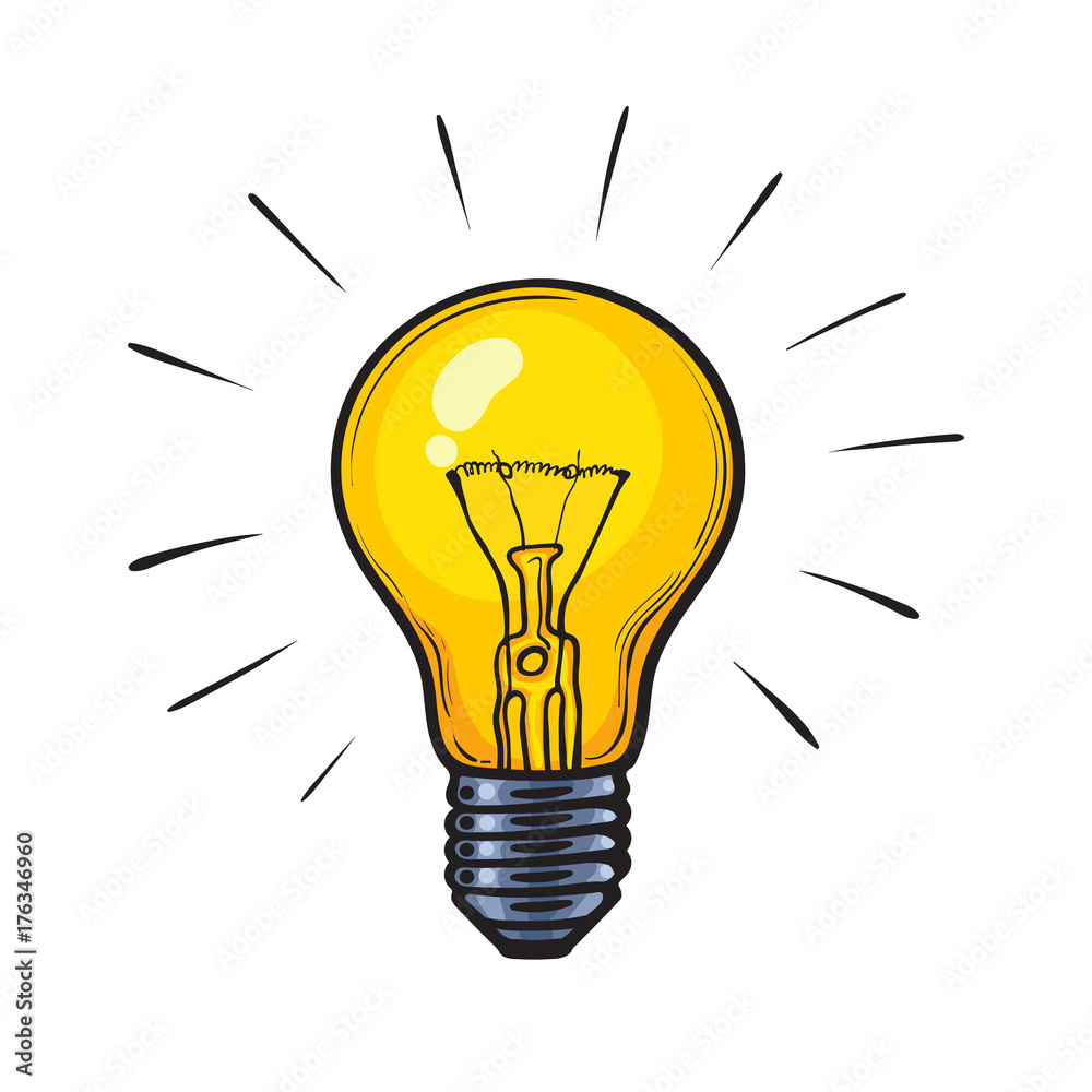 Cartoon glowing yellow light bulb - obrazy, fototapety, plakaty 