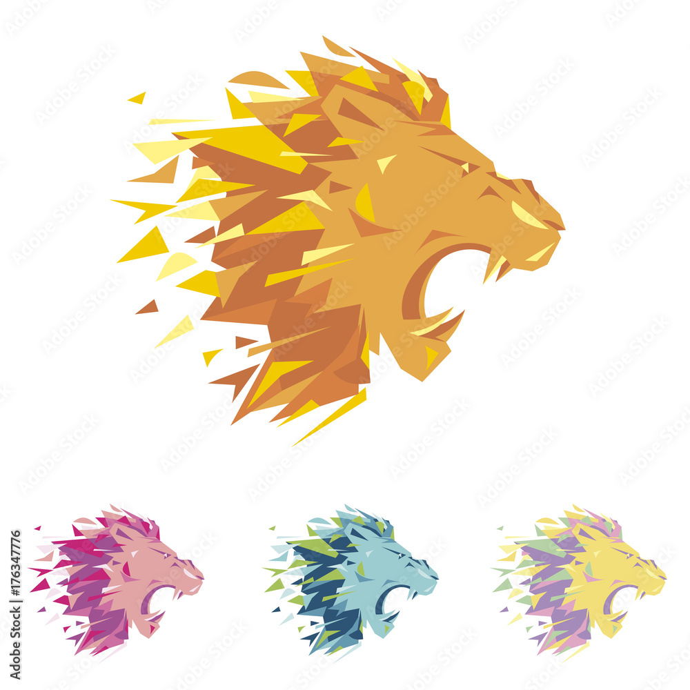 Fototapeta premium Head of lion is a logo template for the corporate identity of the company's business, sports club, brand of clothing or equipment. The tiger growls, opened its toothy mouth. Male serious logo.