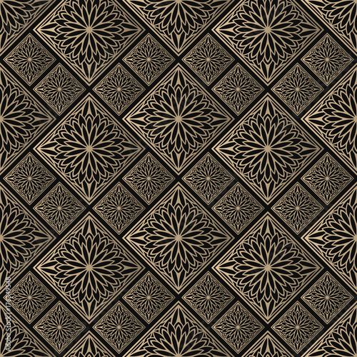 Seamless pattern oriental ornament. Black and golden textile print. Islamic vector design. Floral tiles.