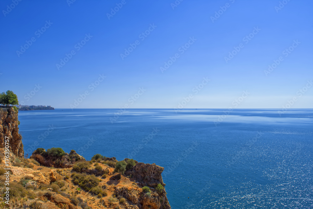 Panoramic view Mediterranean Sea from the Beach park. Antalya, Turkey