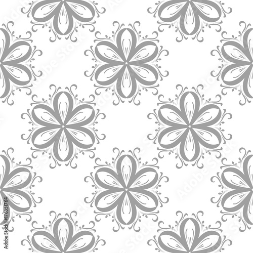 Light gray floral ornament on white. Seamless pattern for textile and wallpapers