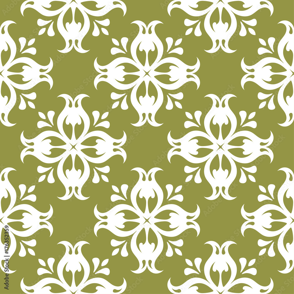 White floral ornament on olive green background. Seamless pattern for textile and wallpapers
