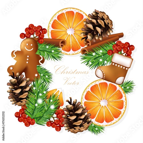 Christmas wreath with gingerbread cookies and orange slices. Vector card