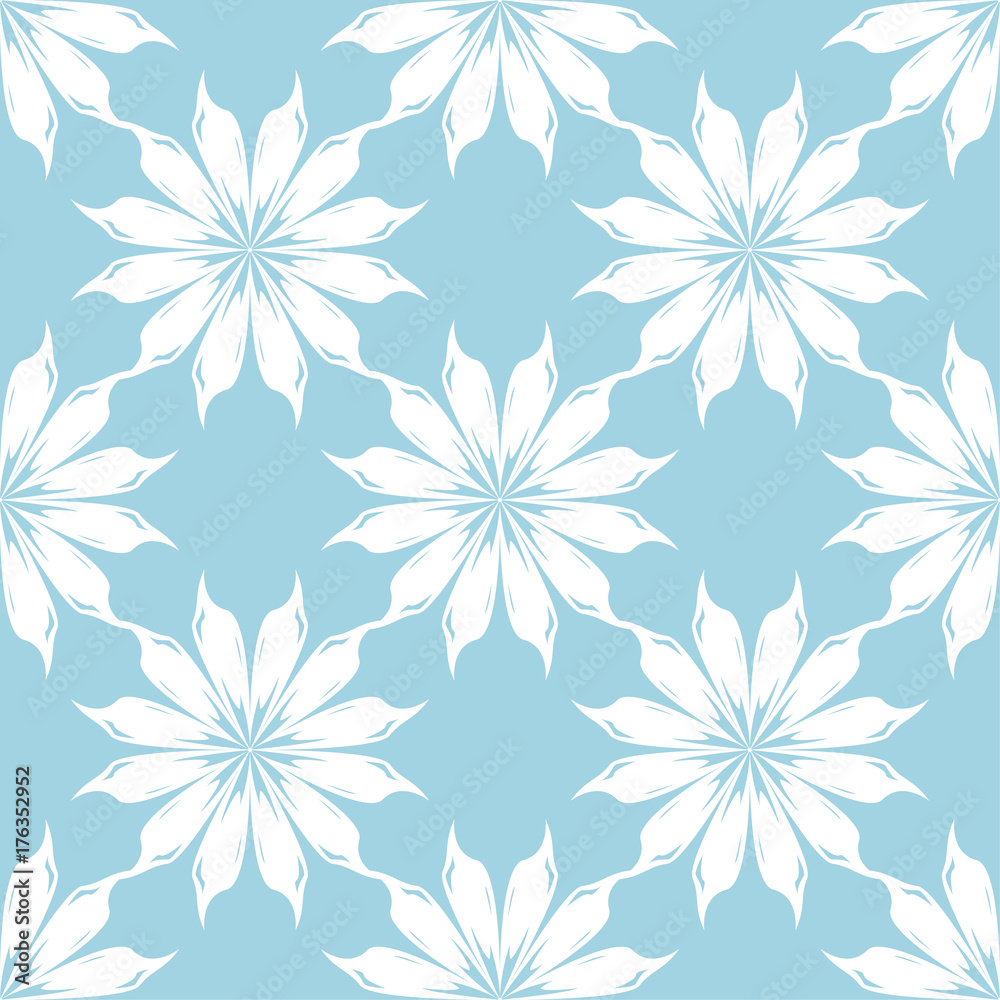 White floral ornament on blue background. Seamless pattern for textile and wallpapers