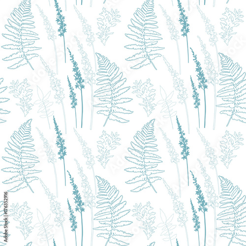 Floral vector seamless pattern with different hand drawn leaves, wild flowers...