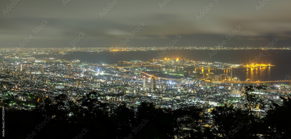 Kobe night city scape from the Rokko mountain view, Kunsai, Japan.