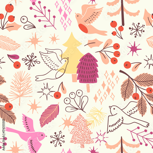 Christmas seamless pattern with tree, birds, barrys. Vector holiday illustration