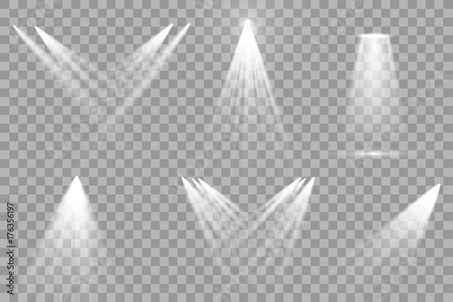 Vector light sources, concert lighting, stage spotlights set. Concert spotlight with beam, illuminated spotlights for web design illustration
