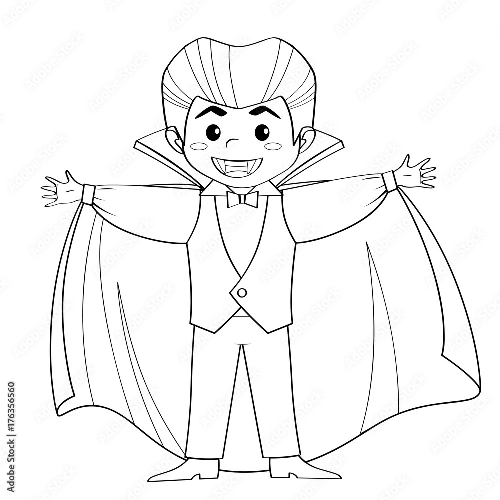 Count Dracula. Vampire. Boy in halloween costume. Black and white vector  illustration for coloring book Stock Vector | Adobe Stock