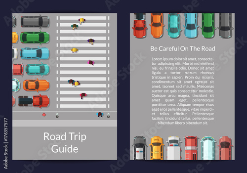 Vector cars on the road with walking people on pedestrian zone top view card