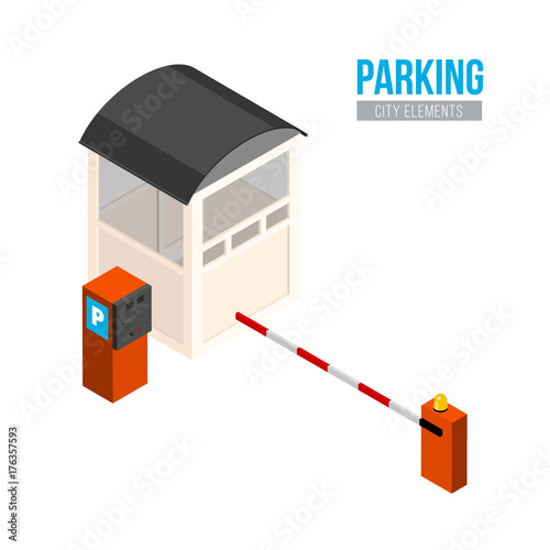 Isometric parking entrance. Vector city elements. Car gate, booth and payment station