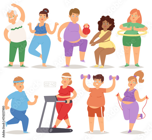 Fat people doing exercise training gym gymnasium sport fatty food rich character workout vector illustration.