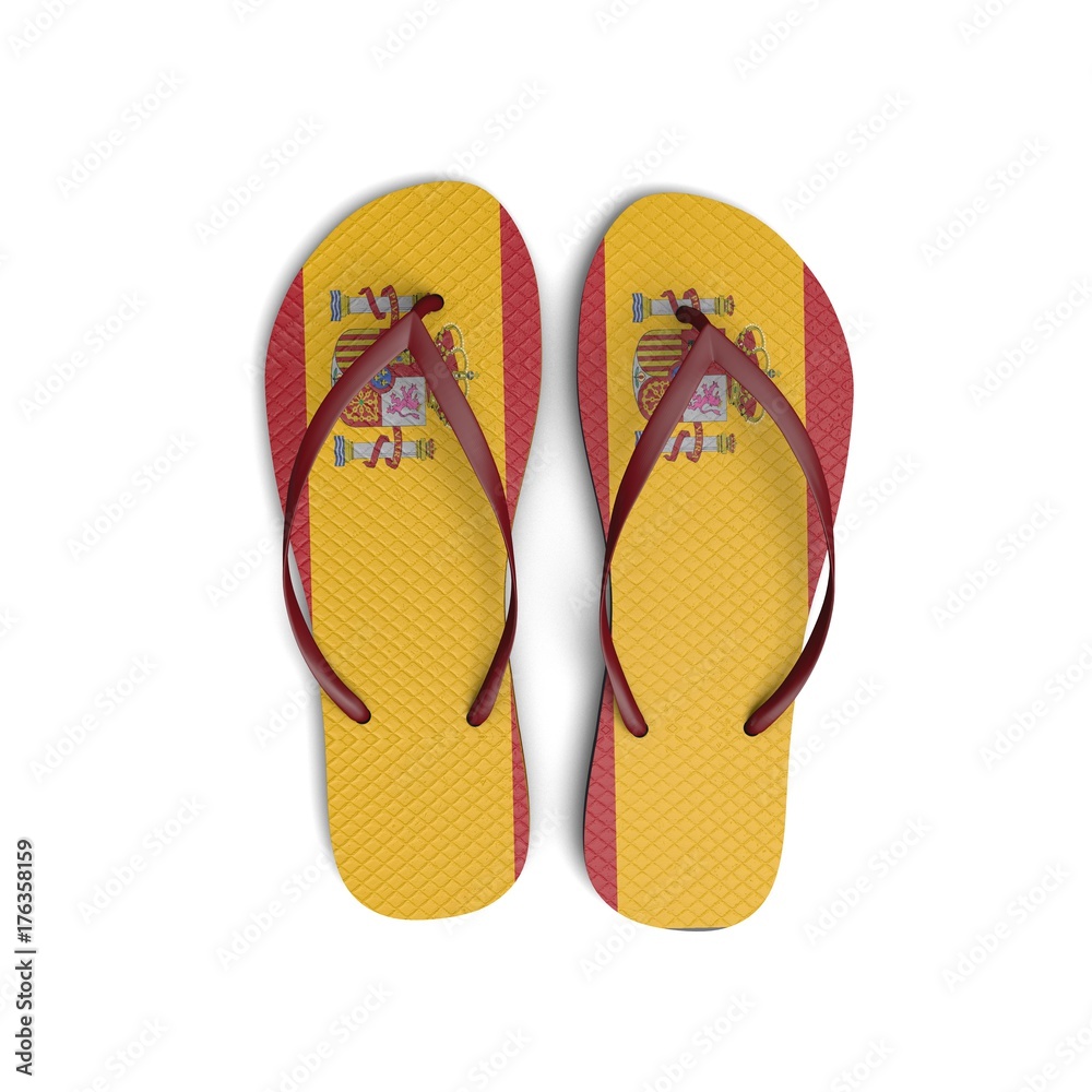 Spain flag flip flop sandals on a white background. 3D Rendering