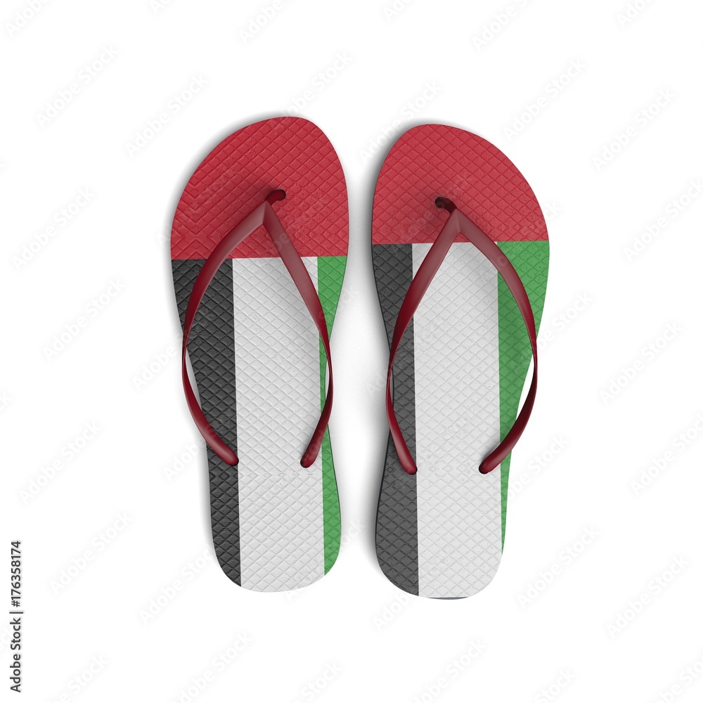 UAE flag flip flop sandals on a white background. 3D Rendering UAE flag flip flop sandals on a white background. 3D Rendering